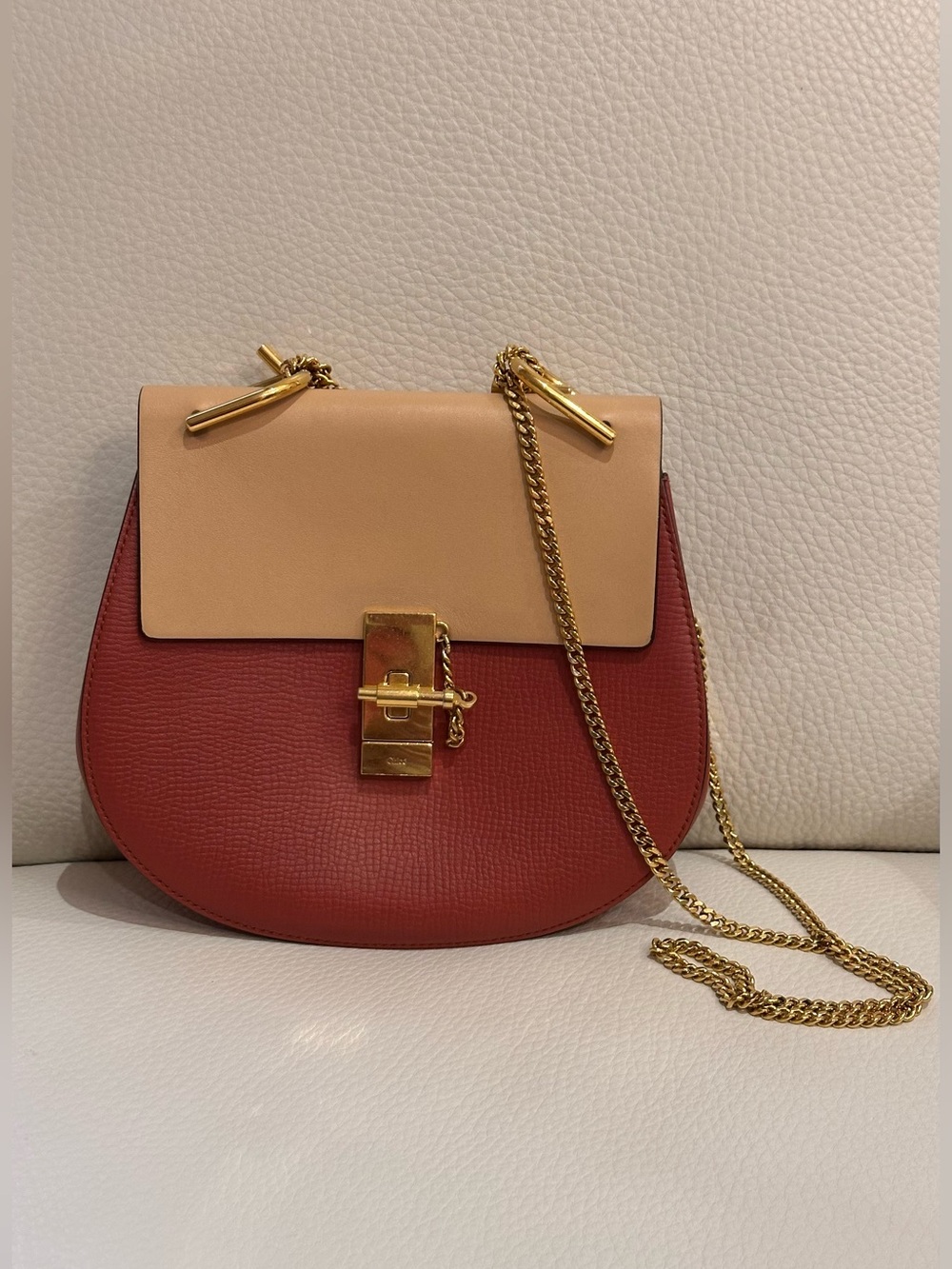 Chloe Drew Two-Tone Saddle Crossbody in Rust Red and Nude